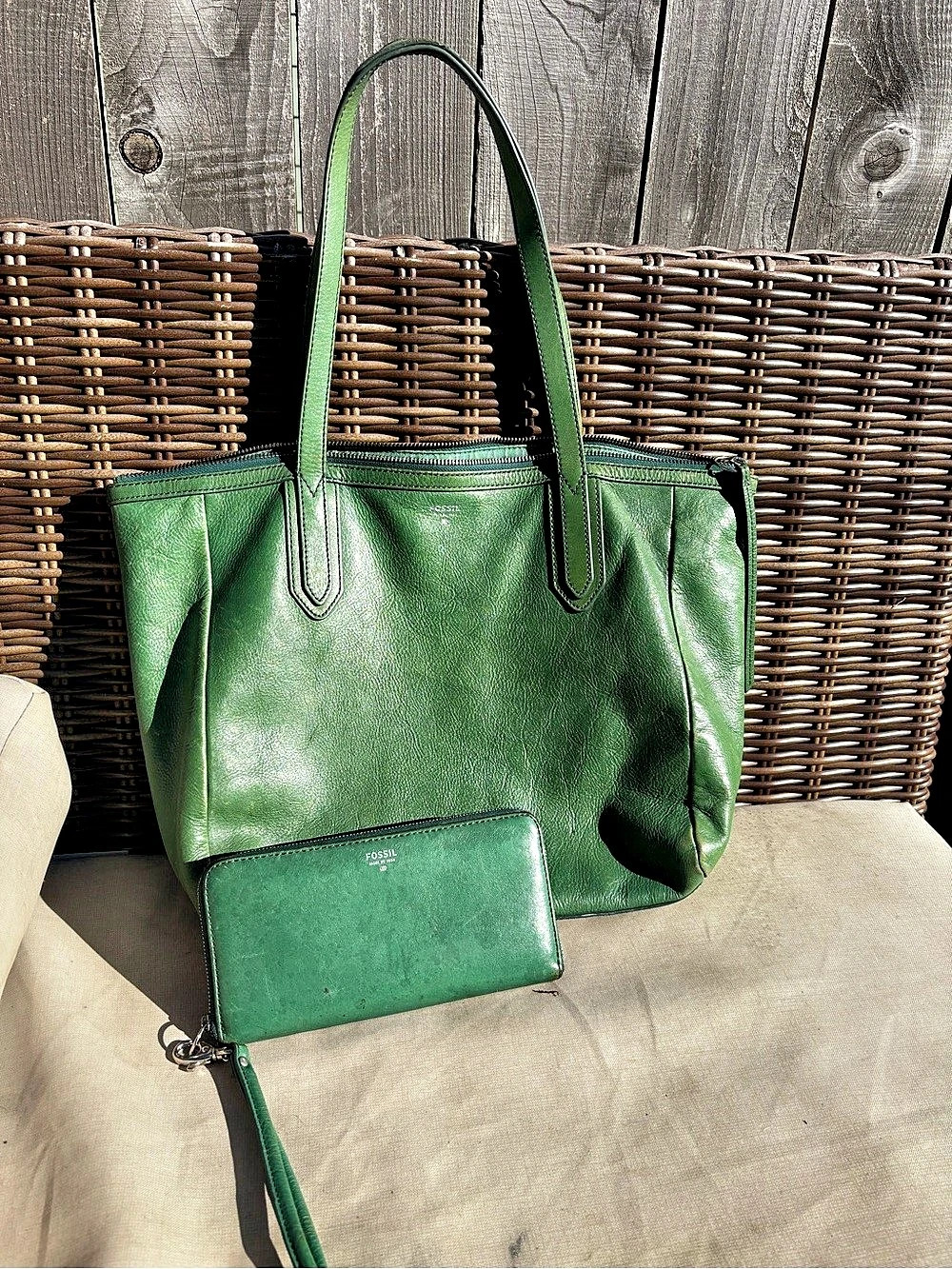 Fossil Green Leather Tote with Wristlet